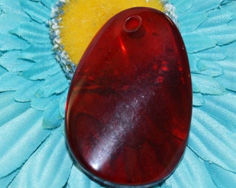 1 Red Swirl Oval Translucent Glass Pendant, Size about 35mm, 3mm Top Drilled Hole, Beading Supplies