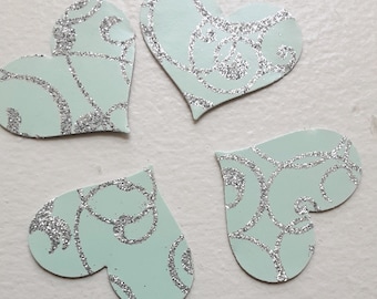 25 Sky Blue & Silver Glitter Hearts, A little messy, White on the opposite side, Thick cardstock, Embellishments, Scatter, about 1.5 inches