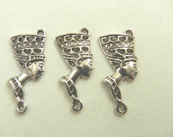 6 Antique Silver Egyptian Queen Nefertiti Double Hole Pendants, Links, Cadmium Free, Lead Free, Nickel Free, 42x18x3mm