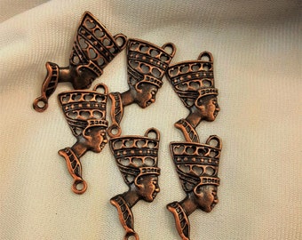 6 Antique Red Copper Egyptian Queen Nefertiti Double Hole Pendants, Links, Cadmium Free, Lead Free, Nickel Free, 42x18x3mm