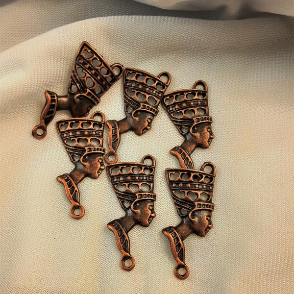 6 Antique Red Copper Egyptian Queen Nefertiti Double Hole Pendants, Links, Cadmium Free, Lead Free, Nickel Free, 42x18x3mm