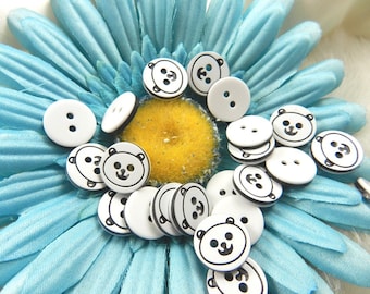 10 Panda Buttons, Black and White, Flat Round, Plastic, 2-hole, Single-sided, Sewing, Embellishments, Size 12.5mm