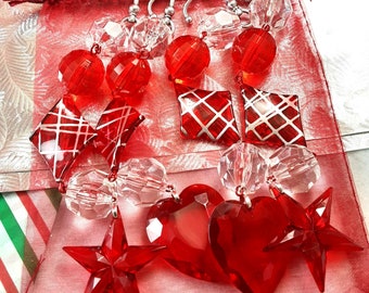 4 Christmas Red and Clear Faceted Ornament Dangles, Red Hearts, Red Stars, Acrylic Beads, Drawbench Beads, about 7 1/2 inches long with hook