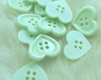 10 Heart Mint Green Resin Buttons, 4-hole, Sewing, Embellishments, Garment, Pillow Decor, Trim, Doll Clothing, Size 21mm wide, 18mm Long