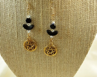 Gold Pentacle Charm Earrings with Black Crescent Moon Beads and Natural Crystal AB Stones, Surgical Steel Earwires, 2 1/2 inches in length