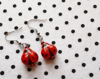 Porcelian Ladybug Earrings, Black and Red, Stainless Steel Fish Hook Earwires, 2 inch Dangle, 1 Pair