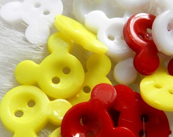 21 Red, Yellow, White Mouse Buttons, Flat Back, Plastic, 2-hole, Sewing, Embellishments, Garment, Hair Accessories, Notions, Size 15mm