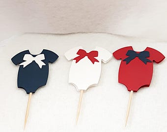 Onesie Cupcake Toppers: Red, White & Blue Baby Shower Decorations (Set of 12)
