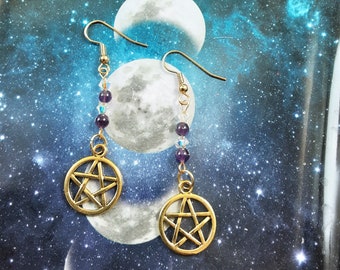 Antique Gold Pentacle Charm Earrings with natural crystal and amethyst stone, Surgical Steel Earwires, about 2 1/2 inches in length, Wicca