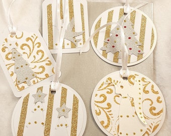 Shimmer White and Gold Glitter Christmas Gift Tags, Set of 5