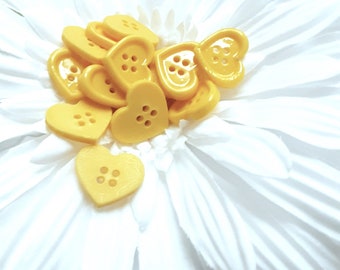 10 Heart Yellow Resin Buttons, 4-hole, Sewing, Embellishments, Garment, Pillow Decor, Trim, Hair Accessories, Size 21mm wide, 18mm Long