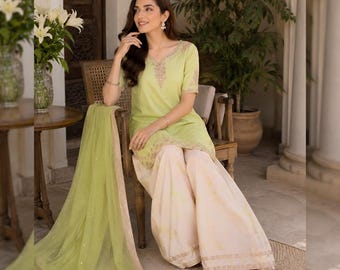 Sheesha Silk Farshi Shalwar Kameez | Embroidered Party & Wedding Wear Suit | Pakistani Indian Formal Ethnic Dress