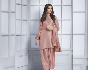 Embroidered Lama Silk Farshi Shalwar Suit | Party & Wedding Wear Ethnic Outfit | Pakistani Indian Designer Formal Dress