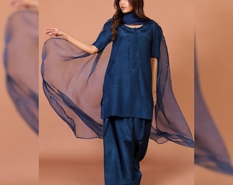 Korean Silk Deep Black Farshi Shalwar Kameez- Pakistani Indian Designer Salwar Suit | 3PC Panjabi Party Dress | Luxury Wedding & Eid Outfit