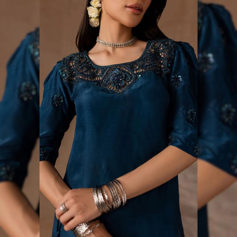 Bröllopskostym i rå siden med sharara-mönster | Broderad festklänning och outfit för bröllopsgäster | Pakistansk indisk designer med etnisk shalwar kameez bild 5