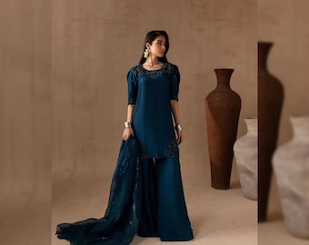 Raw Silk Wedding Sharara Suit | Pakistani Indian Designer Farshi Shalwar Kameez | Wedding Guest & Mehndi Outfit | Embroidered Partywear