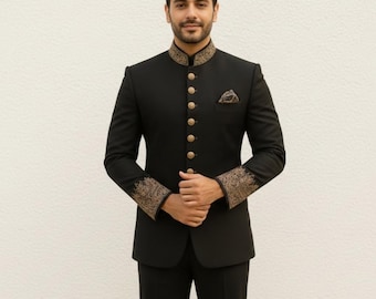 Abito Jodhpuri nero ricamato per uomo / Abito da sposo per matrimonio indiano / Sherwani di lusso per sposo / Abbigliamento etnico formale da uomo