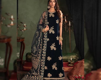 Pakistani Velvet Suit with Embroidered Organza Dupatta - Luxury Velvet Salwar Kameez - Indian Wedding Wear-Designer Zari Work Suit