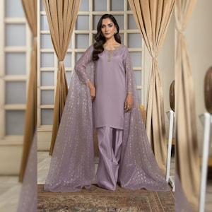 Sheesha Silk Farshi Shalwar Suit | Party & Wedding Wear Ethnic Outfit | Pakistani Indian Designer Dress Dusty Lavendar