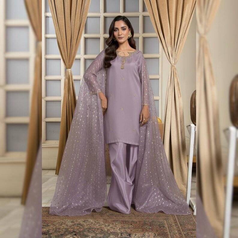 Sheesha Silk Farshi Shalwar Suit | Party & Wedding Wear Ethnic Outfit | Pakistani Indian Designer Dress Dusty Lavendar
