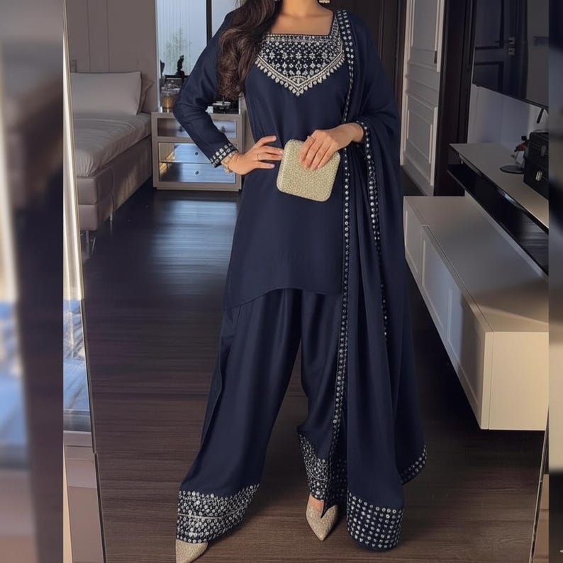 Sheesha Silk Farshi Shalwar Suit Pakistani Shalwar Kameez Embroidered Dress Latest Punjabi Patiala Partywear Nikkah Dress Ethnic EId Outfit Royal Blue
