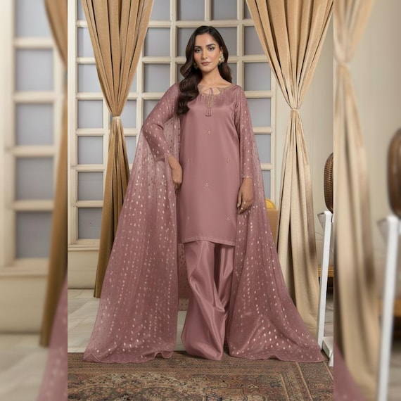 Embroidered Sheesha Silk Farshi Shalwar Suit | Pakistani Indian Designer 3PC Shalwar Kameez | Ethnic Party Wear | Eid & Wedding Guest Outfit