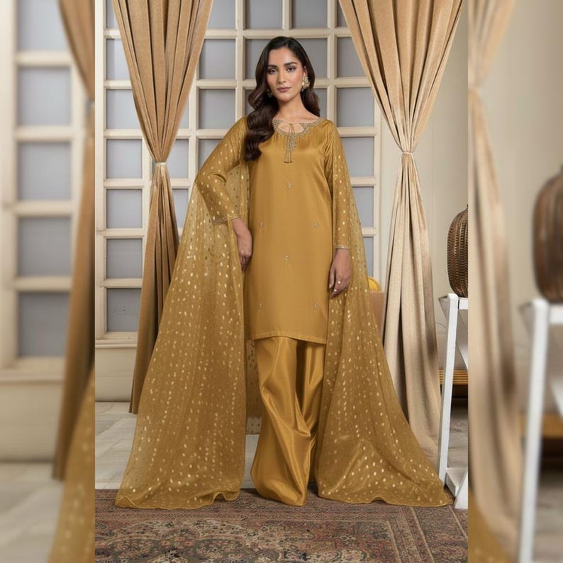 Sheesha Silk Farshi Shalwar Suit | Party & Wedding Wear Ethnic Outfit | Pakistani Indian Designer Dress Antique Gold