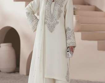 Traje Farshi Salwar blanco / Traje de seda de 3 piezas listo para usar / Salwar Kameez de diseñador pakistaní / Traje festivo de lujo
