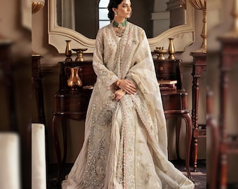 Lehenga Choli de designer, vestido de noiva paquistanês/indiano, costurado sob medida, bordado em tule, estilo Peshwas, para Nikkah, Mehendi e casamento.