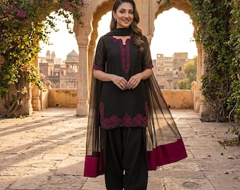 Korean Silk Black Farshi Shalwar Kameez- Pakistani Indian Designer Salwar Suit | 3PC Panjabi Party Dress | Luxury Wedding & Eid Outfit