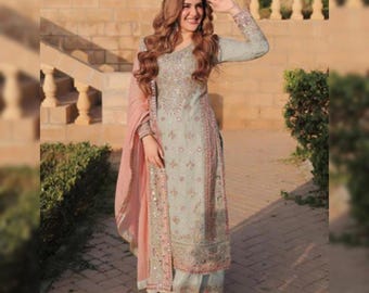 Latest Pakistani Designer Dress 3PC Chiffon Suit With Organza Dupatta Custom Stitch Formal Wear For Wedding Nikkah Mehendi Holi For Women