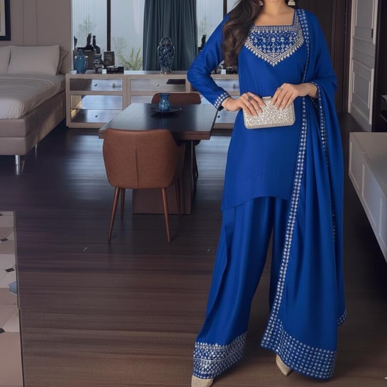 Sheesha Silk Farshi Shalwar Suit Pakistani Shalwar Kameez Embroidered Dress Latest Punjabi Patiala Partywear Nikkah Dress Ethnic EId Outfit Navy Blue