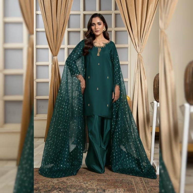 Sheesha Silk Farshi Shalwar Suit | Party & Wedding Wear Ethnic Outfit | Pakistani Indian Designer Dress Dark Teal