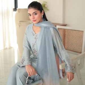 Ice Blue Farshi Shalwar Suit 3PC Pakistani Designer Dress, Silk Nikkah Outfit, Party Wear Punjabi Patiala Dress, Ethnic Formal Summer Dress