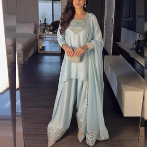 Sheesha Silk Farshi Shalwar Suit Pakistani Shalwar Kameez Embroidered Dress Latest Punjabi Patiala Partywear Nikkah Dress Ethnic EId Outfit Ice Blue
