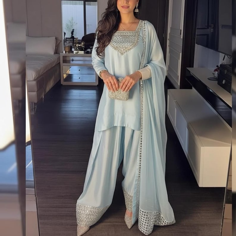 Sheesha Silk Farshi Shalwar Suit Pakistani Shalwar Kameez Embroidered Dress Latest Punjabi Patiala Partywear Nikkah Dress Ethnic EId Outfit Ice Blue