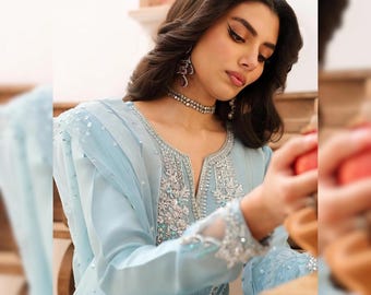 Sky Blue Pakistani Indian Wedding Long Maxi Dress | Pakistani Suits | Anarkali Dress | Pakistani Bridal Embroidered Dress | Ready To Wear