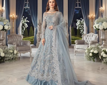 Ice Blue Bridal Lehenga Gown | Pakistani Indian Wedding Dress | Heavy Embroidery Nikkah Maxi Suit Outfit | Stitched Designer Party Wear