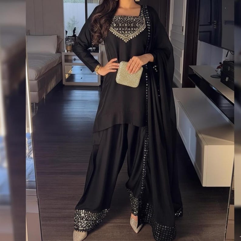 Sheesha Silk Farshi Shalwar Suit Pakistani Shalwar Kameez Embroidered Dress Latest Punjabi Patiala Partywear Nikkah Dress Ethnic EId Outfit Black