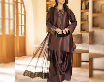 Pakistani Brown Farshi Shalwar Suit Designer Dress 3PC Women Shalwar Kameez Silk Partywear Nikkah Farshi Dress kurti Dresses Ethnic Outfit