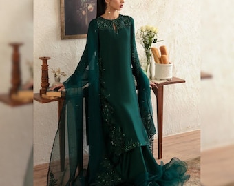 Bottle Green Tissue Silk Sharara 3-Piece Pakistani Indian Wedding Dress With Embroidered Organza Dupatta Hand Embellished Party Formal Wear