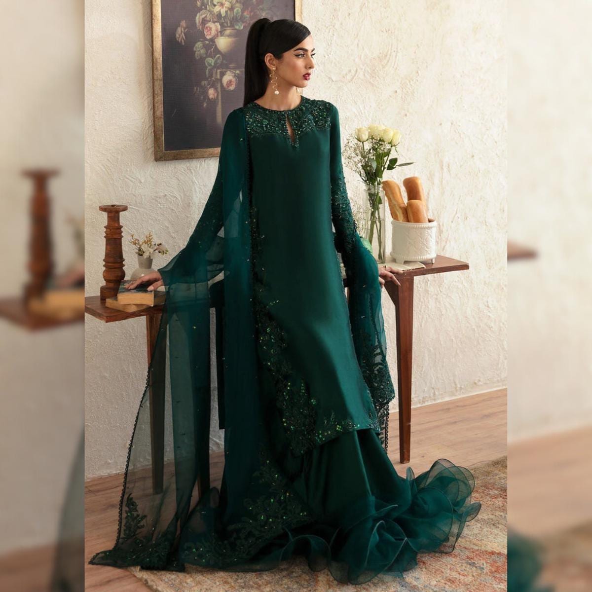 パキスタンドレス パキスタン民族衣装 総刺繍シフォン Luxuryドレス3pc フォーマル