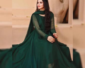 Bottle Green Anarkali Dress 2PC Pakistani Chiffon Suit With Dupatta Embroidered Designer Maxi Eastern Party Wear for Women Desi Clothing