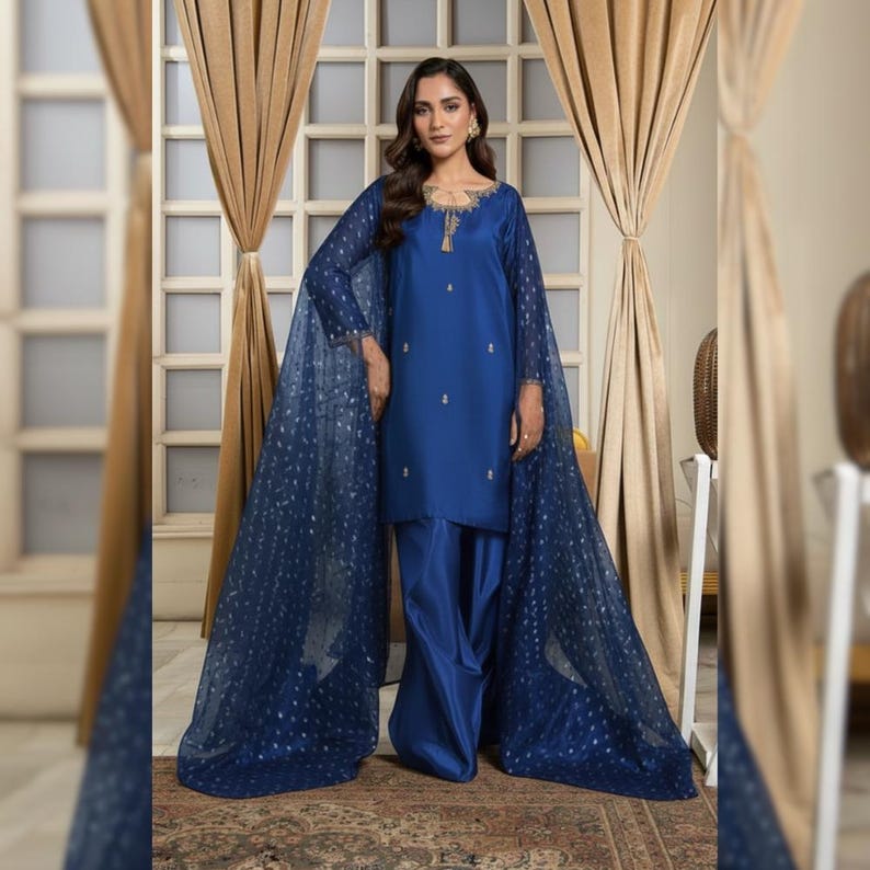 Sheesha Silk Farshi Shalwar Suit | Party & Wedding Wear Ethnic Outfit | Pakistani Indian Designer Dress Royal Blue