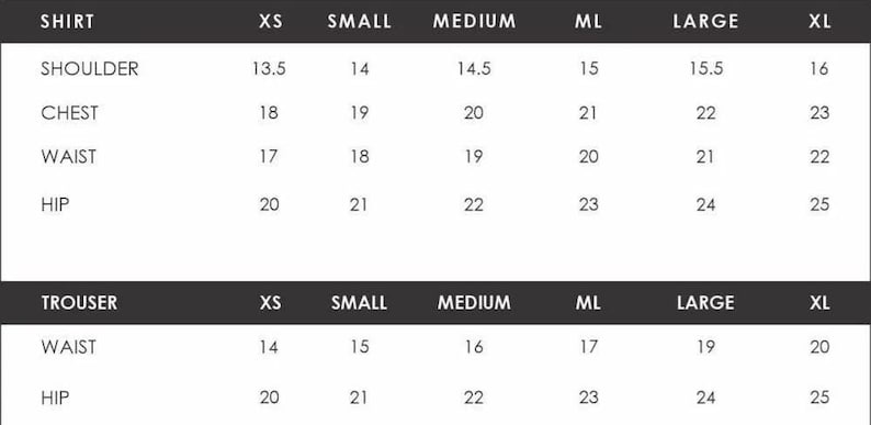 May include: A size chart for shirts and trousers, with measurements in inches. The chart includes sizes XS to XL, detailing shoulder, chest, waist, and hip measurements for shirts, and waist and hip measurements for trousers.