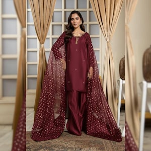 Sheesha Silk Farshi Shalwar Suit | Party & Wedding Wear Ethnic Outfit | Pakistani Indian Designer Dress Deep Wine