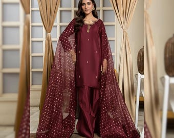 Sheesha Silk Farshi Shalwar Suit | Party & Wedding Wear Ethnic Outfit | Pakistani Indian Designer Dress