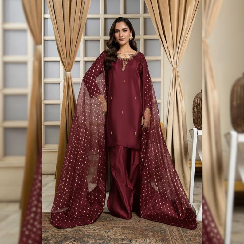 Sheesha Silk Farshi Shalwar Suit | Party & Wedding Wear Ethnic Outfit | Pakistani Indian Designer Dress Deep Wine