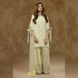 Embroidered Butter Yellow Farshi Shalwar Suit | Party & Wedding Wear Formal Outfit | Pakistani Indian Designer Ethnic Dress