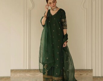 Pakistani Designer Pure Tasil Silk 3PC Dress Hand Embellished Summer Outfit With Organza Dupatta Shalwar Kameez Suit For Eid, & Formal Wear